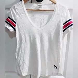 PINK Victoria's Secret White V-Neck Tee with Red and Blue Stripes